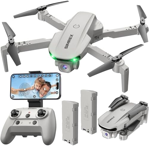SIMREX X800 Drone with Camera for Adults Young of us, 1080P FPV Foldable Quadcopter with 90° Adjustable Lens, RGB Lights, 360° Flips, One Key Clutch Off/Touchdown, Altitude Protect, 2 Batteries (Gray)